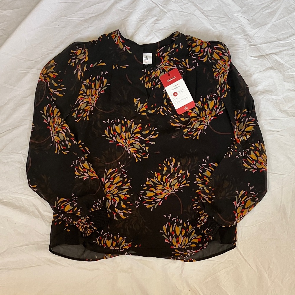 NWT CAbi Fiesta Blouse #4531: Black and Multi Floral Blouse